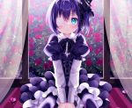  aqua_eyes blush bow chuunibyou_demo_koi_ga_shitai! cropped eyepatch flowers goth-loli lolita_fashion nami_(nyaa) ponytail purple_hair rose short_hair takanashi_rikka 