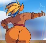 activision anthro bandicoot big_butt blue_sky butt clothed clothing crash_bandicoot_(series) curvaceous curvy_figure davidsanchan ear_piercing ear_ring female fingerless_gloves gesture gloves hair hand_on_hip handwear hitchhiking huge_butt jacket mammal marsupial multicolored_hair orange_body piercing pirate_tawna portrait rear_view sky solo tawna_bandicoot thick_thighs three-quarter_portrait thumbs_up topwear two_tone_hair video_games voluptuous wide_hips 