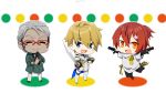  3boys :3 :d ^_^ arurandis blonde_hair blue_eyes cape chibi closed_eyes commentary_request dual_wielding full_body glasses grey_hair gun hair_between_eyes hanasaki_miyabi highres holding holding_gun holding_sword holding_weapon holostars kishido_temma long_sleeves looking_at_viewer male_focus mudo_(saji) multiple_boys necktie open_mouth orange_eyes pants red_hair ribbon short_hair short_over_long_sleeves short_sleeves simple_background smile sword virtual_youtuber weapon white_background white_pants yellow_ribbon 