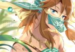  1boy alternate_costume bare_shoulders blonde_hair blue_eyes blurry blurry_background commentary_request crossdressing depth_of_field earrings face gerudo_link jewelry leopardtiger link looking_at_viewer male_focus otoko_no_ko pointy_ears scar solo the_legend_of_zelda the_legend_of_zelda:_breath_of_the_wild veil water_drop 