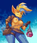  accessory activision anthro bandicoot blue_eyes clothed clothing crash_bandicoot_(series) ear_piercing ear_ring female hair hi_res long_hair mammal marsupial partially_clothed piercing pirate_tawna rainset simple_background sky solo tawna_bandicoot video_games yellow_body 