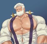  1boy abs absurdres bara beard blush bursting_pecs chest chest_tattoo drayden_(pokemon) facial_hair gym_leader highres k_sen212 looking_at_viewer male_focus manly muscle open_clothes open_shirt pectorals pokemon pokemon_(game) pokemon_bw shirt short_hair sleeves_rolled_up solo suspenders tattoo upper_body wardrobe_malfunction white_shirt yellow_eyes 