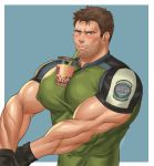  1boy absurdres bara between_pecs blue_eyes blush brown_hair bubble_tea bubble_tea_challenge chest chris_redfield covered_abs covered_navel covered_nipples cup disposable_cup drink drinking_straw facial_hair highres huge_nipples k_sen212 male_focus manly meme muscle object_on_pectorals pectorals resident_evil short_hair solo stubble upper_body 