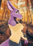  absurd_res anthro bag bottomwear breasts butt clothing doughtea ears_back female fluffy fluffy_tail forest happy hi_res kangaroo macropod mammal marsupial pants pivoted_ears solo sweater topwear tree 