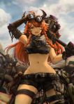 1girl absurdres ahoge arknights armpits bandaged_arm bandages bangs bare_shoulders bikini bikini_top binoculars black_bikini black_gloves black_shorts blue_sky braid breasts chromatic_aberration cloud cloudy_sky commentary cowboy_shot croissant_(arknights) crop_top day desert eyebrows_behind_hair gloves goggles goggles_around_neck groin ground_vehicle hammer highres holding holding_binoculars holding_hammer horns long_hair looking_at_viewer medium_breasts midriff motor_vehicle motorcycle navel open_mouth orange_hair outdoors scarf short_shorts shorts side_braid sidelocks sky solo standing swimsuit teeth thigh_strap vyragami yellow_eyes 