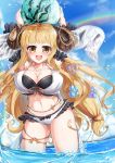 1girl :d absurdres ahoge anila_(granblue_fantasy) armpits arms_up ball bangs bare_shoulders beachball belly_chain bikini black_bikini blonde_hair blue_sky blunt_bangs blush breasts cleavage collarbone commentary_request covered_nipples cowboy_shot day draph eyebrows_visible_through_hair flower granblue_fantasy hair_flower hair_ornament highres holding holding_ball horns huge_breasts jewelry large_breasts layered_bikini lens_flare long_hair looking_at_viewer low-tied_long_hair midriff mikage_(shibi) navel ocean open_mouth outdoors rainbow sheep_horns short_eyebrows sidelocks skindentation sky smile solo standing swimsuit thick_eyebrows thigh_strap upper_teeth very_long_hair wading wet white_bikini yellow_eyes 
