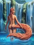  3:4 anthro butt detailed detailed_background detailed_fur felid feline female fluffy fluffy_tail fur genitals hair hi_res holding_tail jewelry long_hair long_tail mammal melissa_(hipcat) neilenk nude orange_body orange_fur outside pussy solo water waterfall 