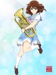  1girl bangs blue_background blue_sailor_collar blue_skirt brown_footwear brown_hair closed_mouth collared_shirt dai_suke_judo_bjj euphonium floating_hair full_body gradient gradient_background hair_between_eyes hibike!_euphonium highres holding holding_instrument instrument kitauji_high_school_uniform kneehighs lens_flare loafers long_hair looking_at_viewer miniskirt oumae_kumiko pink_neckwear pleated_skirt sailor_collar sailor_shirt school_uniform shiny shiny_hair shirt shoes short_sleeves skirt smile solo white_background white_legwear white_shirt yellow_eyes 