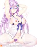  1girl armpits arms_behind_head arms_up babydoll bare_shoulders blue_eyes blush bottomless breastless_clothes breasts censored commentary embarrassed gabriel_grayford groin hair_between_eyes headgear heart heart_censor highres large_breasts legs long_hair looking_at_viewer medium_breasts navel neptune_(series) nipples no_panties open_mouth pink_hair power_symbol purple_sister simple_background solo spread_legs squatting symbol-shaped_pupils thighhighs thighs very_long_hair white_background white_legwear 