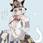  animal_hat aqua_eyes bangs blue_background breasts cat_hat cat_tail clothes_around_waist facial_mark final_fantasy final_fantasy_xiv gloves goggles goggles_around_neck hair_tubes hardhat hat helmet lili_mdoki medium_breasts miner miqo&#039;te pickaxe scarf short_hair sleeveless sweater sweater_around_waist tail whisker_markings white_hair y&#039;shtola_rhul 