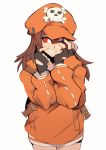  1girl bangs bike_shorts black_border black_gloves blush border breasts brown_eyes brown_hair cabbie_hat dated eri_(erikiri) fingerless_gloves gloves guilty_gear guilty_gear_strive hair_between_eyes hat highres hood hood_down long_hair looking_at_viewer may_(guilty_gear) open_mouth orange_hoodie signature skull_and_crossbones smile solo 