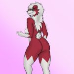  1:1 absurd_res anthro anthrofied breasts butt canid canine devin_arts female fur hair hair_over_eye hi_res lycanroc mammal midnight_lycanroc multicolored_body multicolored_fur nintendo one_eye_obstructed pinup pok&eacute;mon pok&eacute;mon_(species) pose simple_background small_tail smile solo standing two_tone_body two_tone_fur video_games 