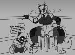  anthro bandage black_body black_fur bodily_fluids breasts canid canine claws clothed clothing cum cum_in_pussy cum_inside dialogue dialogue_box duo elbow_pads fangs female fighting_ring fluffy fluffy_tail fur genital_fluids genitals giant_panda gloves handwear hi_res hijackerdraws_(artist) knee_pads male mammal monochrome multicolored_body multicolored_fur muscular muscular_anthro muscular_female open_mouth open_smile partially_clothed pussy scar simple_background sitting smile sweat teeth two_tone_body two_tone_fur ultimate_mating_league ursid white_body white_fur 