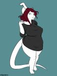  2020 3:4 anthro big_breasts breasts clothing female green_background hair halcy0n hi_res mammal nipple_outline red_hair rodent shirt short_stack simple_background smile solo standing thick_thighs topwear wide_hips 
