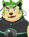  2020 anthro black_nose blush canid canine canis clothed clothing damekemo domestic_dog fur green_body green_fur hi_res kemono live-a-hero male mammal mokdai portrait simple_background solo video_games visor white_background 