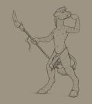  almar anthro balls clenched_teeth clothing equid equine genitals half-erect loincloth male mammal penis simple_background sketch solo teeth weapon zebra 