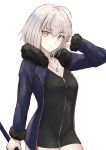  1girl absurdres ahoge anchor_necklace bangs black_dress blue_jacket breasts cleavage collarbone cowboy_shot dress eyebrows_visible_through_hair fate/grand_order fate_(series) fur-trimmed_jacket fur-trimmed_sleeves fur_trim fuwatoromonta hair_between_eyes hand_in_hair highres holding jacket jeanne_d&#039;arc_(alter)_(fate) jeanne_d&#039;arc_(fate)_(all) long_sleeves looking_at_viewer medium_breasts open_clothes open_jacket short_dress short_hair silver_hair simple_background solo standing white_background yellow_eyes 