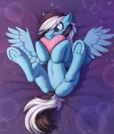  2020 absurd_res bed blue_body blue_eyes blue_feathers blue_fur blue_wings blush brown_mane brown_tail cutie_mark equid equine fan_character feathered_wings feathers female feral fur furniture genitals hasbro heart_pillow hi_res legs_up lying mammal mane multicolored_mane multicolored_tail my_little_pony navel on_back on_bed pegasus phenyanyanya presenting presenting_pussy pussy signature solo underhoof white_mane white_tail wings 