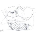  anthro anus baby_bottle basket black_eyes bodily_fluids breasts felid female goo_(razy) hi_res lying mammal monochrome razy signature sketch snot solo 