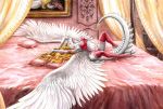  2020 3_toes anthro bed blonde_hair breasts clothed clothing dragon elkir feathered_dragon feathered_wings feathers female fingers fur furniture furred_dragon hair on_bed smile solo spines toes traditional_media_(artwork) white_body white_feathers wings 