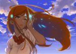  1girl bleach blue_sky bow bowtie cloud collared_shirt day floating_hair hair_ornament hand_in_hair hi_ros3 highres inoue_orihime long_hair one_eye_closed open_mouth orange_eyes orange_hair outdoors red_bow red_neckwear shirt short_sleeves sky solo upper_body very_long_hair white_shirt wind wind_lift wing_collar 
