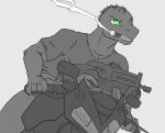  anthro cigarette clenched_teeth clothed clothing fangs green_eyes gun holding_object holding_weapon lizard male multi_arm multi_limb muscular muscular_anthro muscular_male open_mouth pp-19_bizon ranged_weapon reptile rifle saruuk scalie simple_background solo submachine_gun teeth weapon 