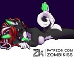  breasts canid canine canis domestic_dog dreadfalls dreadlocks female fluffy fluffy_tail glowing glowing_nose glowing_pawpads glowing_tongue goth green_nose green_pawpads green_tongue husky lying mammal nordic_sled_dog pawpads punk spitz text tongue url zombi zombikiss 