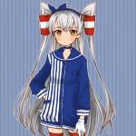  1girl adapted_costume amatsukaze_(kantai_collection) blue_dress blue_sailor_collar cocoperino cowboy_shot dress gloves hair_tubes kantai_collection lawson long_hair red_legwear sailor_collar sailor_dress short_dress silver_hair single_glove smokestack_hair_ornament solo striped striped_background striped_dress thighhighs two_side_up white_gloves windsock 