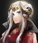  1girl absurdres artist_name breasts closed_mouth commentary edelgard_von_hresvelg epaulettes fake_horns fire_emblem fire_emblem:_three_houses gloves hair_ornament highres horns kanniiepan long_hair looking_at_viewer medium_breasts purple_eyes solo tears upper_body white_legwear 