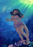  anthro black_hair clothed clothing female fish hair hi_res lutrine mammal marine membrane_(anatomy) mustelid sarika seahorse seashell_bra solo swimming syngnathid syngnathiform topless underwater water webbed_hands 