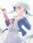  1girl :p arigato_(rmskrtkdlqj) bangs blue_bow blue_jacket blush bow center_frills closed_mouth collared_shirt commentary crepe eyebrows_visible_through_hair finger_licking food frills green_hair grey_background hair_between_eyes hair_bow hands_up heart highres holding holding_food jacket licking long_hair long_sleeves looking_at_viewer neck_ribbon open_clothes open_jacket original pleated_skirt purple_eyes red_ribbon ribbon shirt skirt smile solo symbol_commentary tongue tongue_out twintails very_long_hair white_shirt white_skirt 