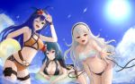  3girls :d ;d ball beachball belly_chain bikini black_bikini black_hairband black_ribbon blue_bikini blue_eyes blue_hair blue_sky breasts byleth_(fire_emblem) byleth_(fire_emblem)_(female) cleavage closed_mouth collarbone corrin_(fire_emblem) corrin_(fire_emblem)_(female) criss-cross_halter day fire_emblem fire_emblem:_path_of_radiance fire_emblem:_three_houses fire_emblem_fates floating_hair flower from_below green_eyes hair_flower hair_ornament hairband halterneck hibiscus highres jewelry long_hair looking_at_viewer medium_breasts mia_(fire_emblem) mismatched_bikini multiple_girls one_eye_closed open_mouth orange_bikini outdoors outstretched_arm red_eyes red_flower ribbon ryuusaki_rei sideboob silver_hair sky smile sun swimsuit thigh_strap underboob very_long_hair wading 