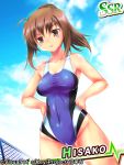  1girl angel_beats! brown_eyes brown_hair commentary_request competition_swimsuit hands_on_hips hisako_(angel_beats!) juusensha_koubou long_hair official_art one-piece_swimsuit ponytail solo swimsuit 