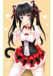  1girl alternate_costume animal_ears bangs bell black_hair blunt_bangs border breasts cat_ears cat_girl cat_tail collarbone detached_collar enmaided eyebrows_visible_through_hair hair_ribbon heart highres kemonomimi_mode layered_skirt long_hair maid miniskirt open_mouth pleated_skirt r-binon red_eyes red_ribbon red_skirt ribbon senki_zesshou_symphogear shiny shiny_hair short_sleeves sitting skirt small_breasts solo tail thighhighs tsukuyomi_shirabe twintails very_long_hair white_border white_legwear wrist_cuffs zettai_ryouiki 