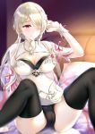  1girl absurdres adjusting_hair alternate_costume bangs black_legwear black_panties breasts cameltoe cleavage couch dress earrings flower hair_flower hair_ornament hair_over_one_eye highres honkai_(series) honkai_impact_3rd jewelry large_breasts long_hair looking_at_viewer mole mole_under_eye panties platinum_blonde_hair red_eyes rita_rossweisse rita_rossweisse_(maid_of_celestia) short_hair sitting skirt skirt_lift smile solo sorayo_noriyuki spread_legs thighhighs underwear 