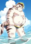  2020 absurd_res anthro belly blue_eyes blush bulge clothing felid fur genitals hi_res kemono licho_(tas) male mammal moobs navel nipples outside overweight overweight_anthro overweight_male pantherine penis ptcmtr solo swimwear tiger tokyo_afterschool_summoners video_games water white_body white_fur 