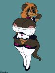  2020 3:4 anthro big_breasts bottomwear breasts brown_body brown_hair canid canine canis choker clothing crossgender domestic_dog female footwear genitals hair halcy0n hand_behind_head hand_on_hip hi_res high_heels huge_breasts jewelry legwear looking_aside maid_uniform mammal mastiff molosser necklace nipples pussy ross_(rosstherottie) rottweiler shoes short_stack skirt smile solo stockings thick_thighs uniform wide_hips 