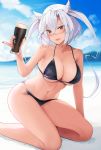  1girl absurdres alcohol beach beer bikini black_bikini black_nails blush breasts cloud cup dark_skin day glasses highres holding holding_cup kantai_collection large_breasts long_hair musashi_(kantai_collection) nail_polish open_mouth outdoors pinky_out red_eyes sand sitting sky solo swimsuit twintails white_hair yunamaro 
