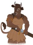  5_fingers anthro bovid bovine brown_body brown_eyes brown_fur brown_hair cattle clothed clothing female fingers fur hair hibbary horn mammal melee_weapon simple_background solo sword weapon white_background 