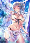  1girl bangs bare_shoulders bikini blush bracelet breasts day eyebrows_visible_through_hair front-tie_bikini front-tie_top grey_hair hair_ornament highres holding jewelry large_breasts looking_at_viewer medium_hair multi-strapped_bikini natsutomoki navel necklace open_mouth original purple_eyes sarong see-through solo star_(symbol) star_hair_ornament swimsuit thigh_strap translucent translucent_sarong white_bikini 