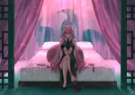  1girl absurdres animal_ear_fluff animal_ears bare_shoulders barefoot bed breasts center_opening china_dress chinese_clothes choker crossed_legs dress fate/grand_order fate_(series) fox_ears fox_tail glasses high_heels highres koyanskaya large_breasts long_hair on_bed ootato pillow pink_hair shoe_removed shoes sideboob single_shoe sitting sitting_on_bed solo tail tamamo_(assassin)_(fate) tamamo_(fate)_(all) underboob very_long_hair 