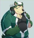  2020 anthro black_nose canid canine canis clothing domestic_dog fur green_body green_fur headphones hi_res kemono live-a-hero male mammal mokdai overweight overweight_anthro overweight_male simple_background solo train_(artist) undressing video_games 