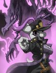  4_eyes anthro breasts claws clothing coat duo female hi_res jojo&#039;s_bizarre_adventure jojo_pose jotaro_kujo kobold long_tongue meme multi_eye non-mammal_breasts reptile scalie tara_(taranima) taranima tongue tongue_out topwear trenchcoat 