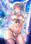  1girl bangs bare_shoulders bikini blush bracelet breasts day eyebrows_visible_through_hair front-tie_bikini front-tie_top grey_hair hair_ornament highres holding jewelry large_breasts looking_at_viewer medium_hair multi-strapped_bikini natsutomoki navel necklace open_mouth original purple_eyes see-through solo star_(symbol) star_hair_ornament swimsuit thigh_strap translucent white_bikini 