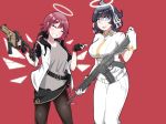  2girls absurdres angel arknights assault_rifle awkward azazel_(helltaker) black_hair breasts closed_eyes crossover energy_wings exusiai_(arknights) fingerless_gloves gloves gun halo helltaker highres kriss_vector large_breasts multiple_girls physisyoon red_hair rifle short_hair smile submachine_gun trait_connection weapon weapon_request 