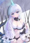  1girl bare_shoulders blue_eyes breasts cleavage closed_mouth commentary_request glowing_horns hand_up head_tilt highres holding holding_wand horns jacket long_hair long_sleeves medium_breasts mikaze_oto navel off_shoulder open_clothes open_jacket original silver_hair single_horn solo tail very_long_hair wand white_jacket wide_sleeves 