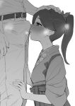  1boy 1girl bangs belt blush breath erection erection_under_clothes from_side greyscale hair_ribbon hakama hand_on_another&#039;s_head hetero houshou_(kantai_collection) japanese_clothes kantai_collection kimono kumadano long_hair monochrome pants parted_lips penis_on_face ponytail profile ribbon simple_background solo_focus standing sweat tasuki white_background 