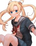  1girl abukuma_(kantai_collection) bike_shorts black_jacket blonde_hair blue_eyes double_bun grey_sailor_collar grey_skirt hair_between_eyes hair_rings highres jacket kantai_collection long_hair looking_at_viewer neck_ribbon pleated_skirt red_ribbon remodel_(kantai_collection) ribbon sailor_collar school_uniform serafuku short_sleeves shorts shorts_under_skirt simple_background sitting skirt smile solo tsunonigau white_background 