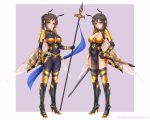  2girls antennae armored_boots bee bee_girl bodysuit boots breasts brown_hair bug commission green_eyes hand_on_hilt high_heel_boots high_heels highleg highres holding holding_sheath holding_sword holding_weapon insect insect_girl insect_wings leotard looking_at_viewer medium_breasts midnight_(banyex) monster_girl multiple_girls original pointy_ears polearm ponytail sheath skin_tight stinger sword weapon wings 