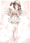  1girl angel_wings bangs bare_arms bare_shoulders barefoot blush bow breasts brown_bow brown_eyes brown_hair cleavage closed_mouth criss-cross_halter dress eyebrows_visible_through_hair feathered_wings flower flower_wreath frilled_dress frills halterneck hand_up highres idolmaster idolmaster_cinderella_girls looking_at_viewer ogata_chieri pleated_dress short_dress sidelocks small_breasts smile solo twintails white_dress white_flower white_wings wings yukie_(kusaka_shi) 